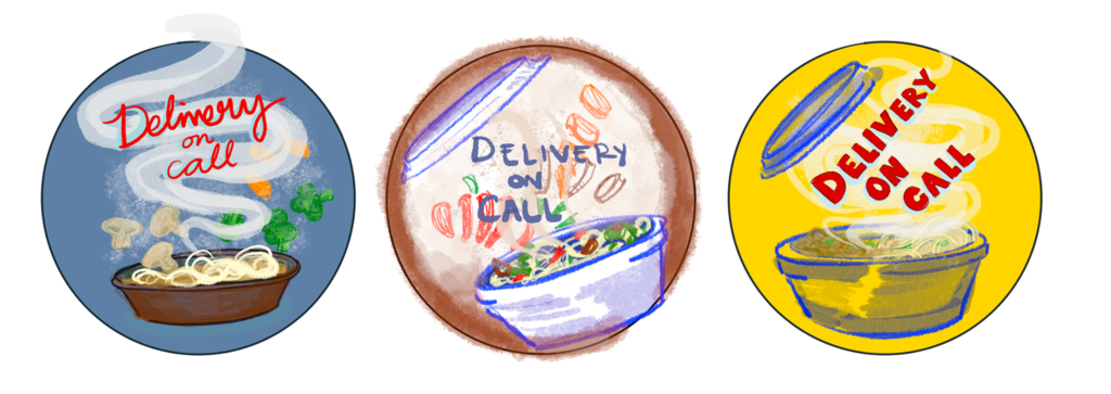 Digital Drawing of three logo ideas featuring bowls of soup and title of business.